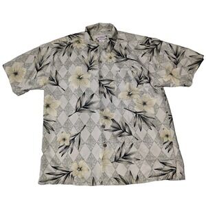 SUMMA Men Medium Silk Khaki Geo Floral AOP‎ Button-Up Hawaiian Camp Shirt